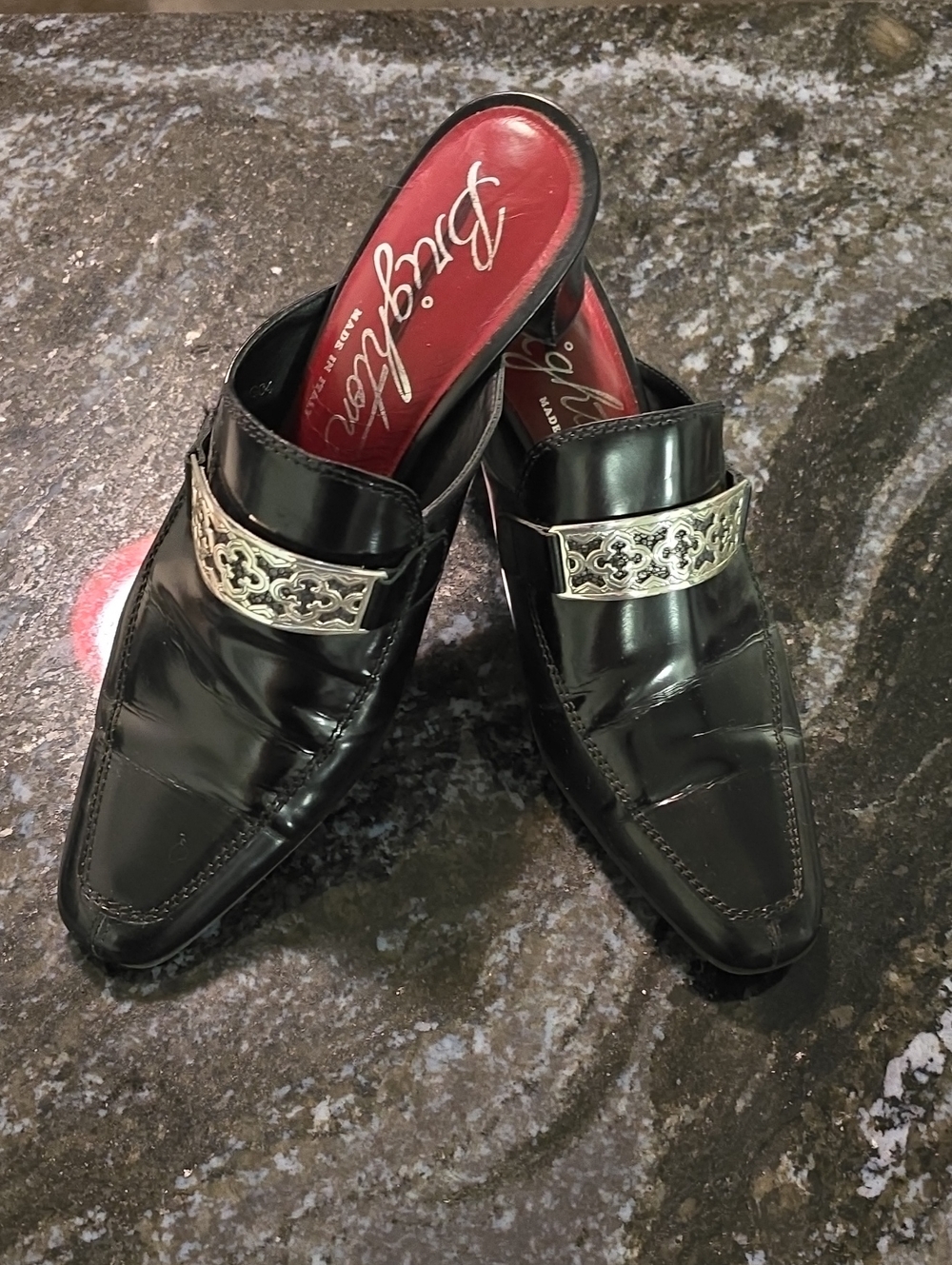 Brighton Black Made In Italy Leather Slip-On Mules with Silver Accent